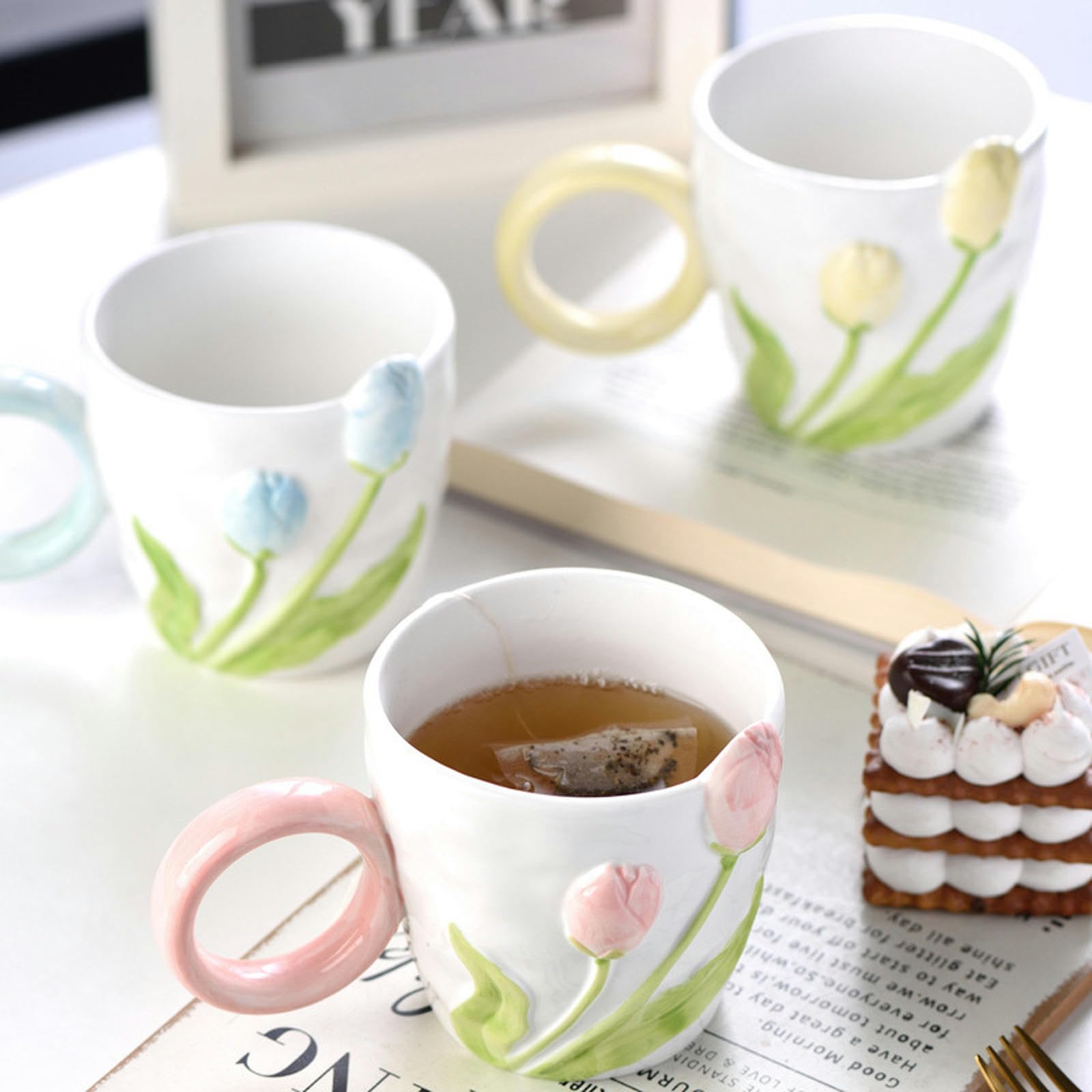 Amazon.com | 400ml/13.5oz Tulip 3D Embossed Flower Ceramic Mug